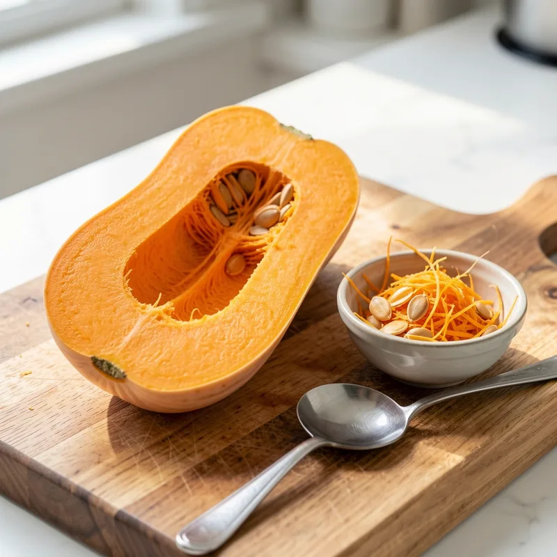 Courge butternut coupée en deux dans la longueur et évidée à la cuillère sur une planche en bois