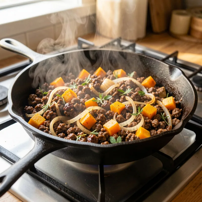 Farce de viande hachée aux oignons et aux herbes dans une poêle en fonte