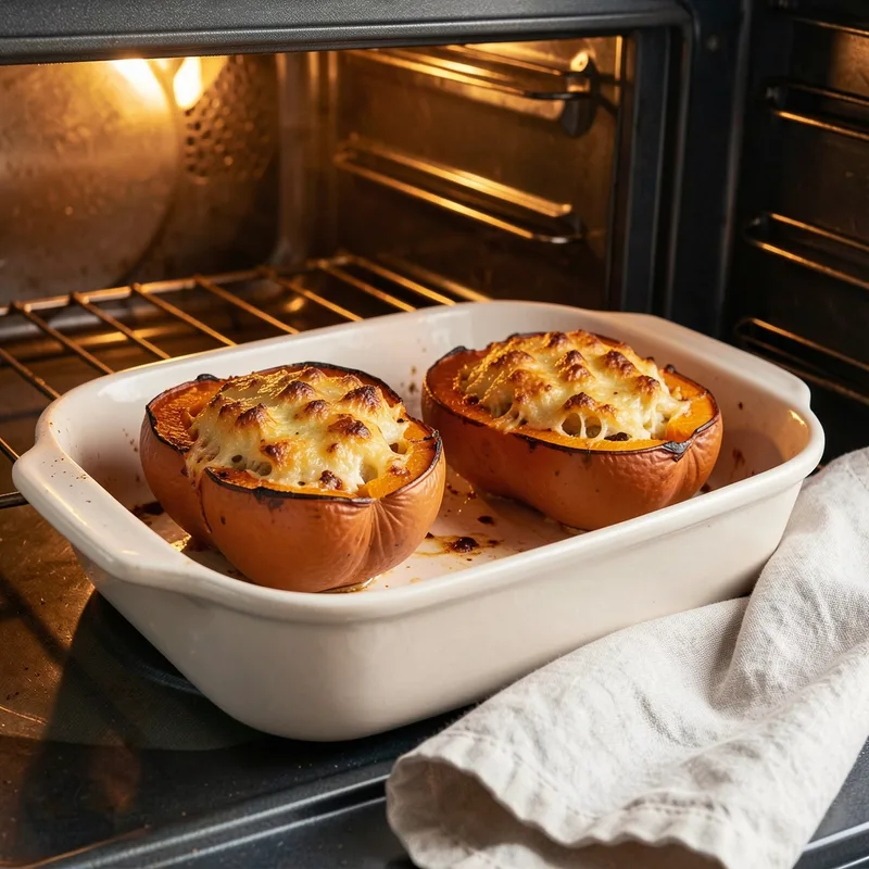 Demi-courges butternut garnies et gratinées dans un plat en céramique sortant du four