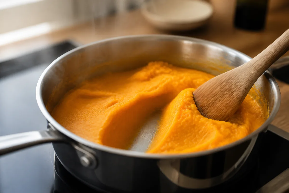 Purée de courge orange lisse dans une casserole avec une spatule en bois