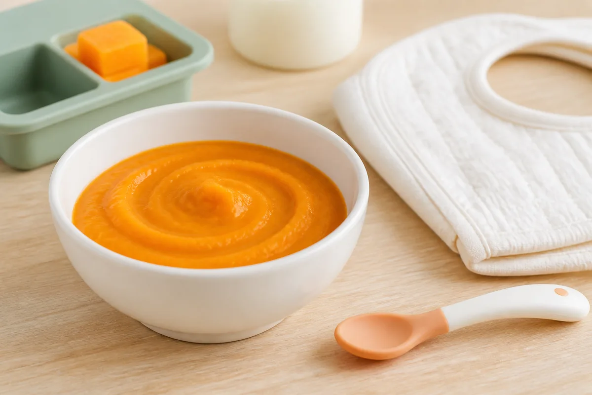 Petit bol de purée de courge orange lisse préparée pour un bébé