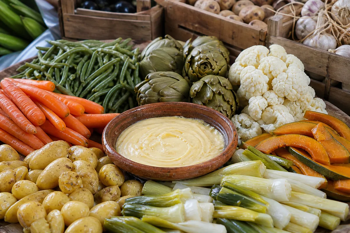 Assortiment de légumes cuits disposés autour d&rsquo;un bol d&rsquo;aïoli