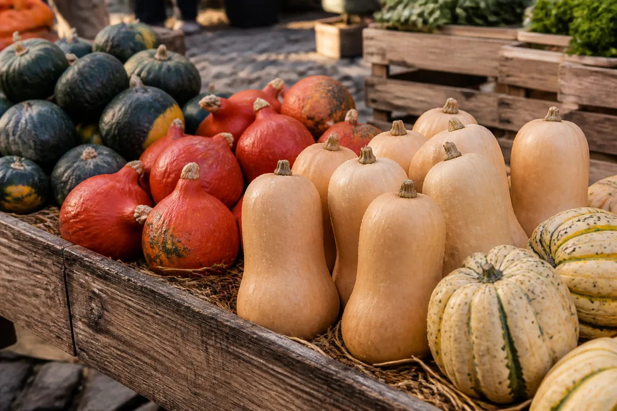 Plusieurs variétés de courges alignées sur un étal de marché en automne