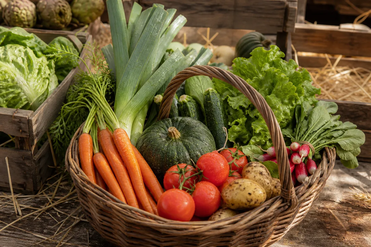 Panier en osier rempli de légumes de saison variés sur une table