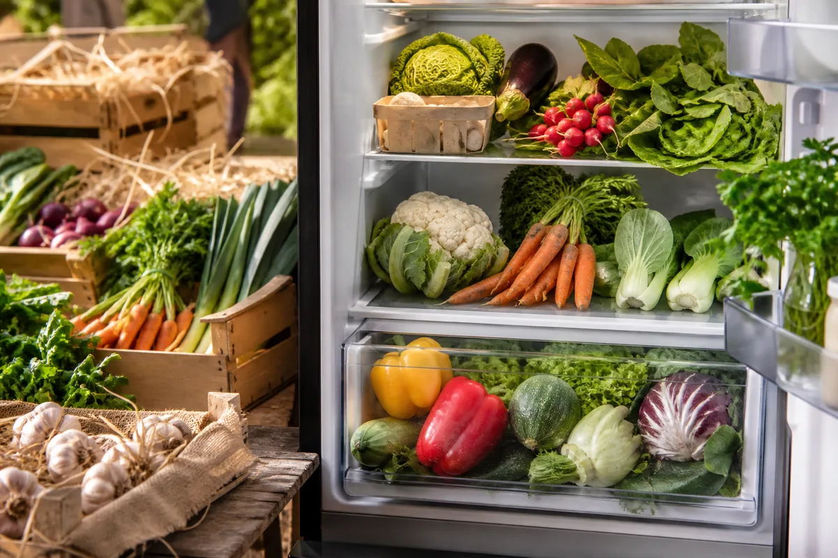 Légumes rangés dans un réfrigérateur ouvert, bac à légumes visible