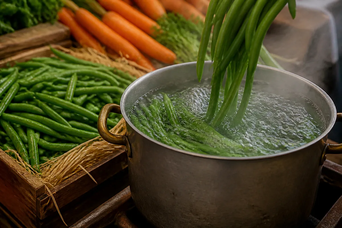 Haricots verts plongés dans une casserole d&rsquo;eau bouillante