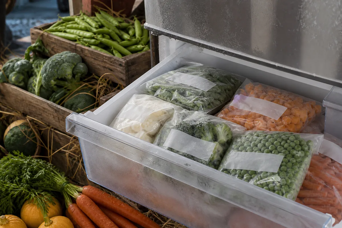 Sachets de légumes congelés étiquetés dans un tiroir de congélateur