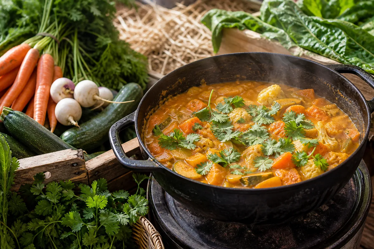 Curry de légumes mijotant dans une cocotte avec de la coriandre fraîche