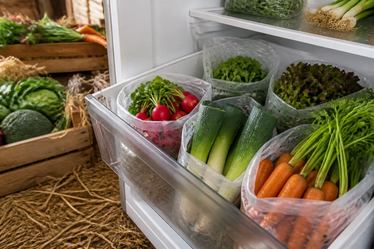 Bac à légumes ouvert avec des légumes rangés dans des sacs perforés