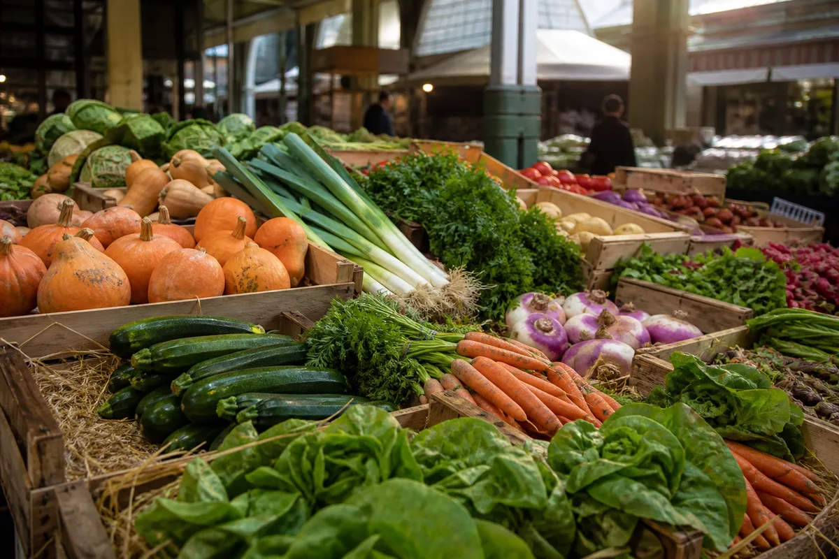 Cageots de légumes de saison posés sur une table en bois, courges, racines et feuilles encore couvertes de terre