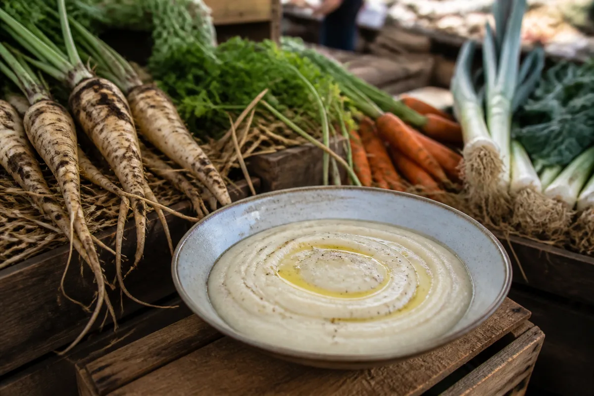 Purée de panais servie dans une assiette creuse avec un filet d’huile