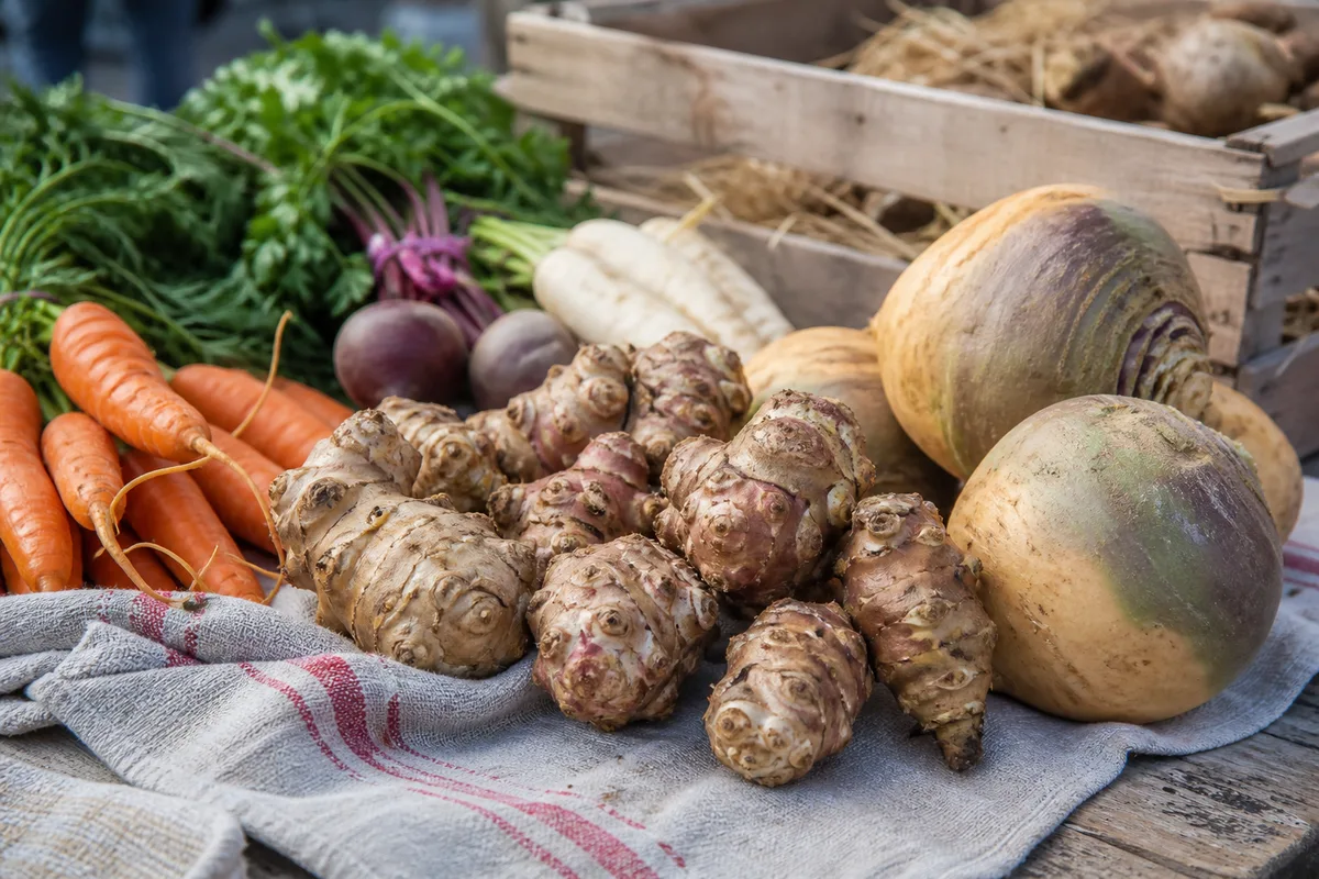 Racines d’hiver variées posées sur un torchon, topinambours et rutabaga