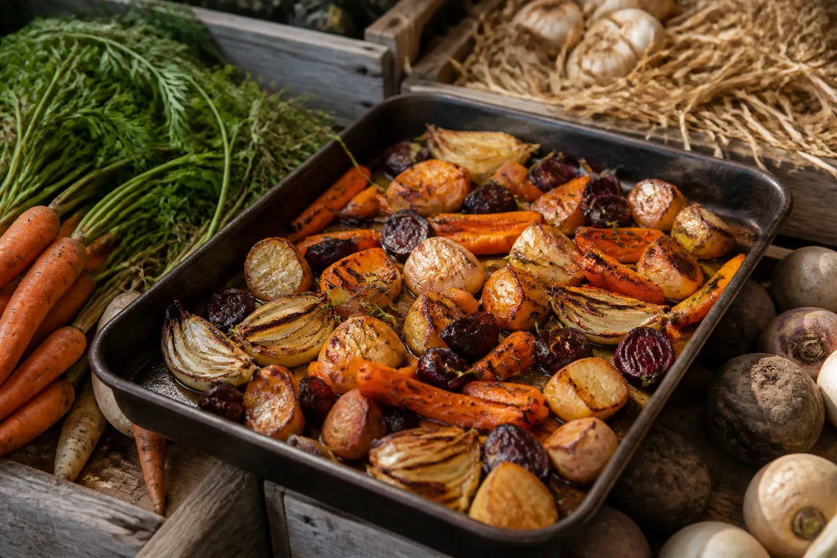 Légumes d’hiver rôtis au four sur une plaque, dorés et caramélisés